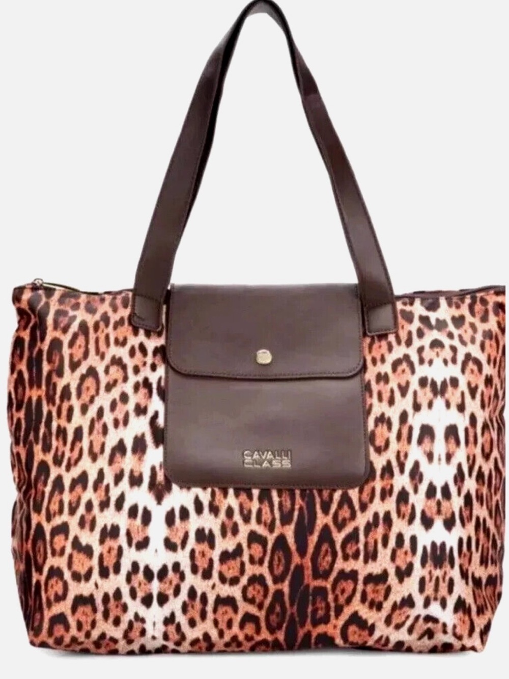 Cavalli Class Leopard Print Large Tote with Brown Leather Accents